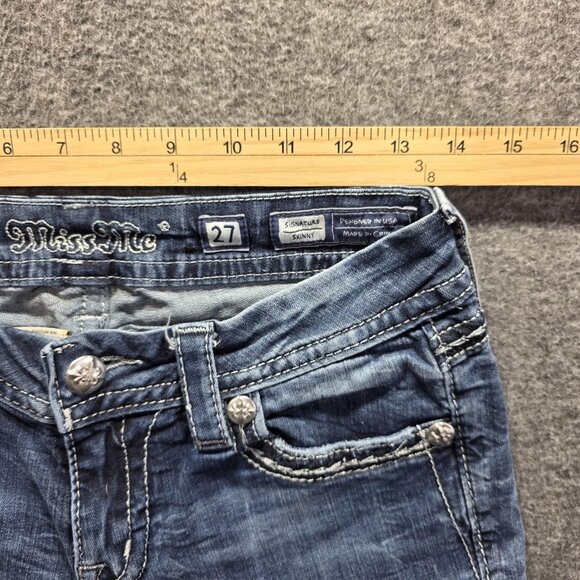 Miss Me Jeans Womens 27 Blue Signature Skinny Embellished Raw Hem *Cut off* - Picture 6 of 10